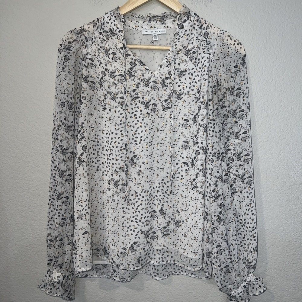 ANTHROPOLOGIE LT GRAY Maison d'Amelie long Slv Lined  Black/Gold Pattern Top XS